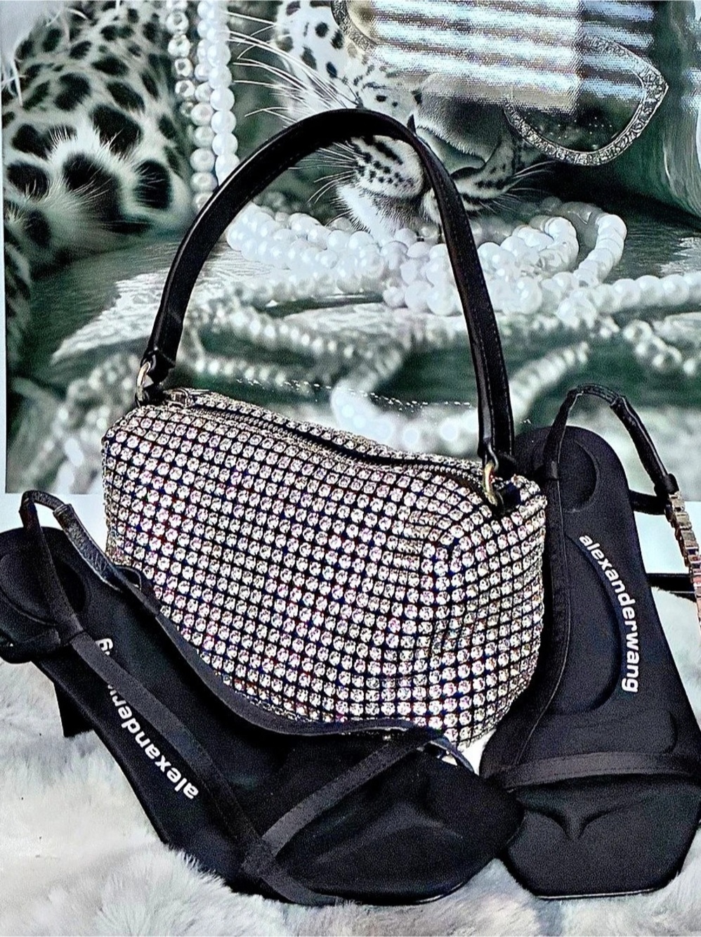 Rhinestone Shoulder Bag in Black & Silver with matching sandals.